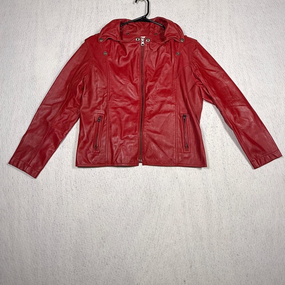 Jkt NYC Womens Red Leather Moto Biker Jacket Size Large Genuine Leather Zip Up